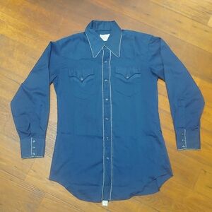 Men's Vintage H Bar C Western Shirt Blue With White Trimming